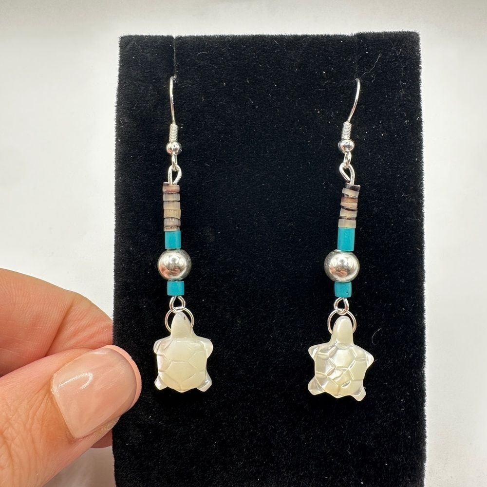 2.25" Revived mother of pearl turtle, turquoise and heishi beaded earrings!